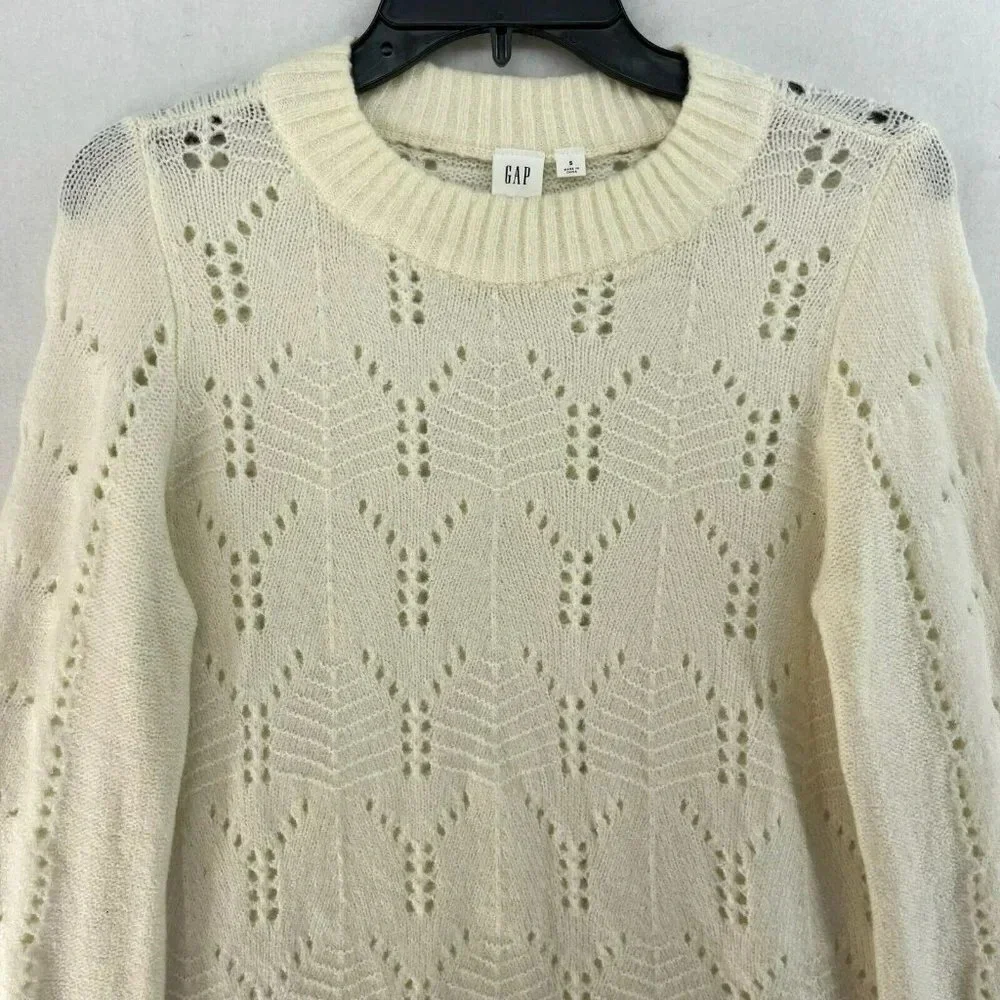 GAP Sweater Women's S Beige Cable-Knit Pointelle Crew Neck Ribbed Balloon Sleeve - Picture 7 of 13